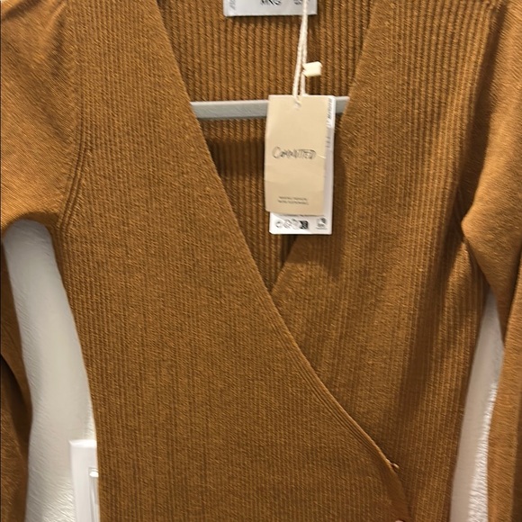 MANGO NEW Women's Brown ribbed Sweater Wrap Dress long sleeve - Picture 2 of 7